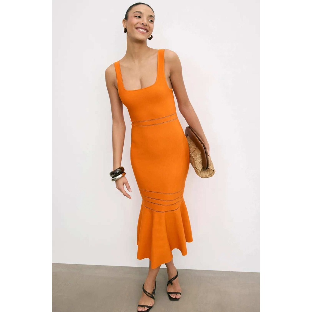 SIMKHAI Louella Midi Dress Orange Pointelle Knit Flounce Hem Sleeveless Sz M